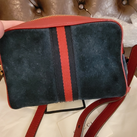 Copy Gucci Ophidia Mini Crossbody Camera Bag in Blue Suede with Red Leather - Picture 10 of 11